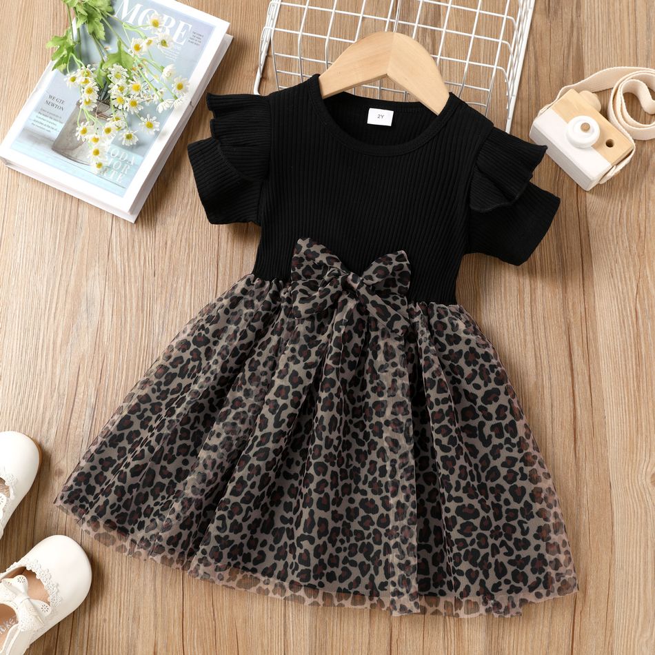 Toddler Girl Trendy Leopard Print Mesh Splice Short-sleeve Dress Black