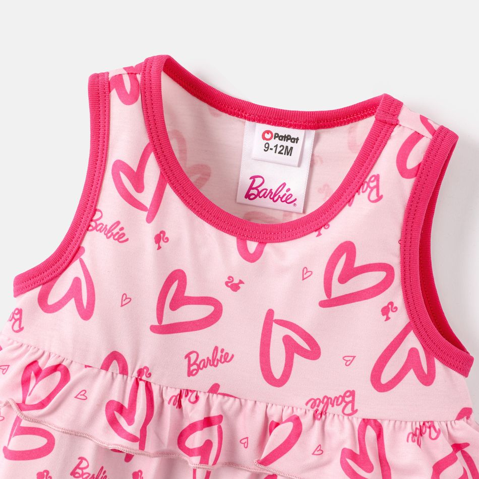 Barbie Valentine's Day Baby Girl Allover Heart & Letter Print Ruffle Trim Naia Tank Romper Pink big image 3