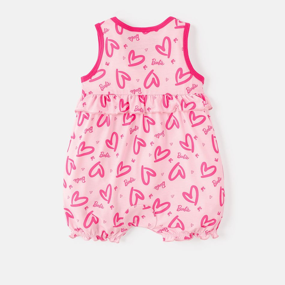 Barbie Baby Girl Mother's Day Allover Heart & Letter Print Ruffle Trim Naia™ Tank Romper Pink big image 4