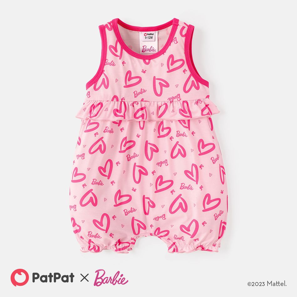 Barbie Valentine's Day Baby Girl Allover Heart & Letter Print Ruffle Trim Naia Tank Romper Pink big image 1