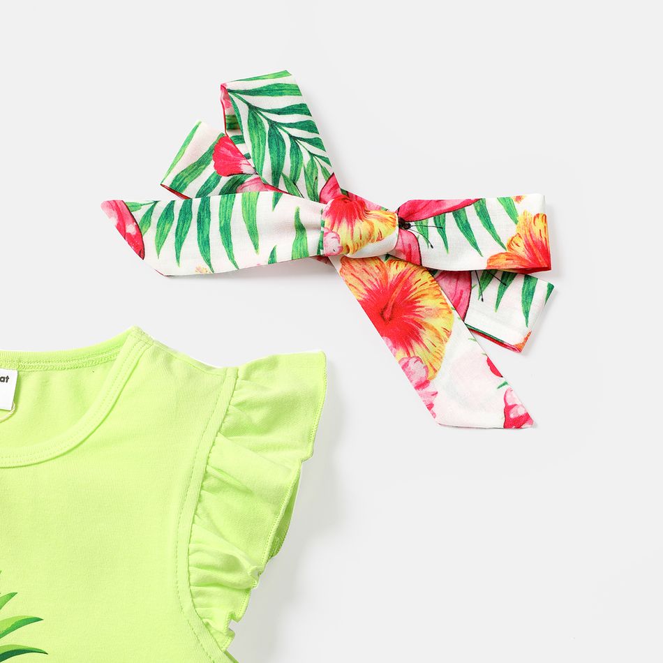 3pcs Toddler Girl Pineapple Print Flutter-sleeve Tee and Floral Print Skirt & Headband Set ColorBlock big image 4