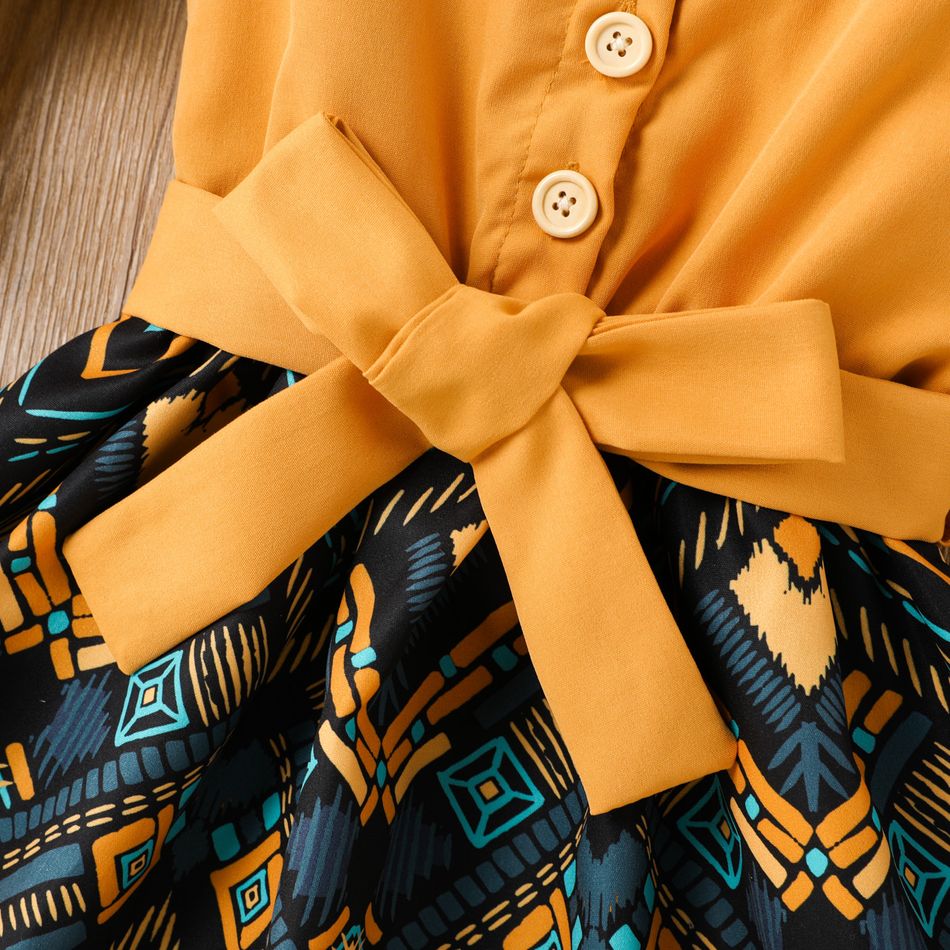Toddler Girl Boho Exotic Graphic Splice Belted Slip Dress Yellow big image 4