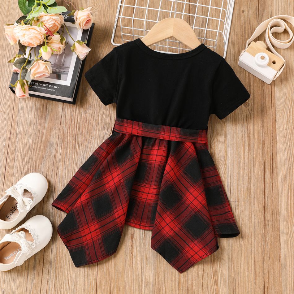 Toddler Girl Classic Plaid Splice Irregular Hem Belted Dress Black big image 2
