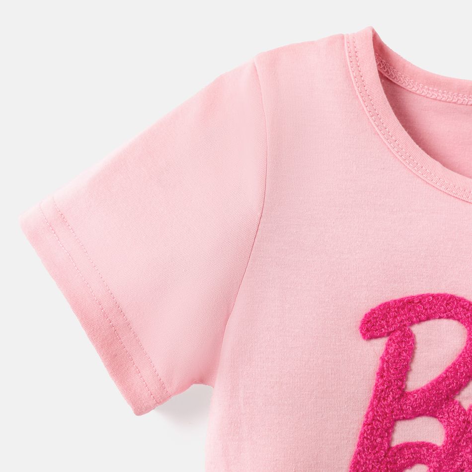 Barbie Toddler/Kid Girl Letter Embroidered Short-sleeve Cotton Tee Light Pink big image 3