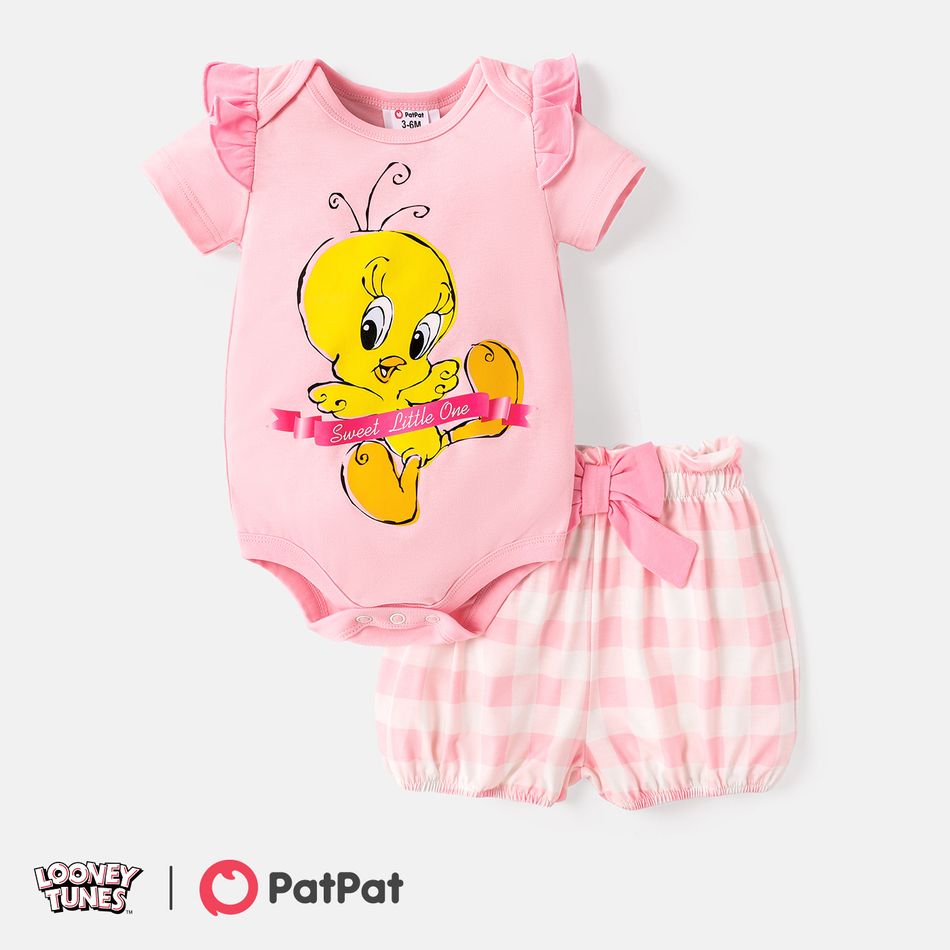 Looney Tunes 2pcs Baby Girl Graphic Print Ruffle Short-sleeve Romper and Plaid Naia Shorts Set Pink big image 1
