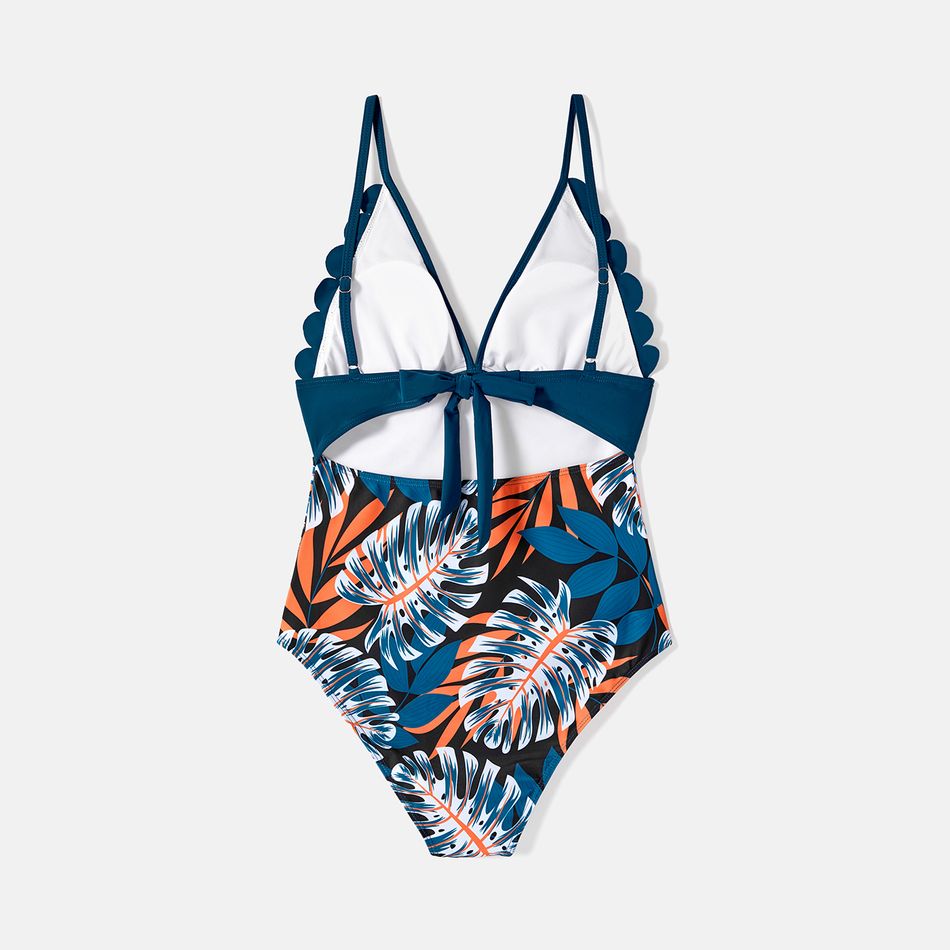 Family Matching Plant Print Scallop Edge Spliced One-piece Swimsuit and Swim Trunks Blue big image 5