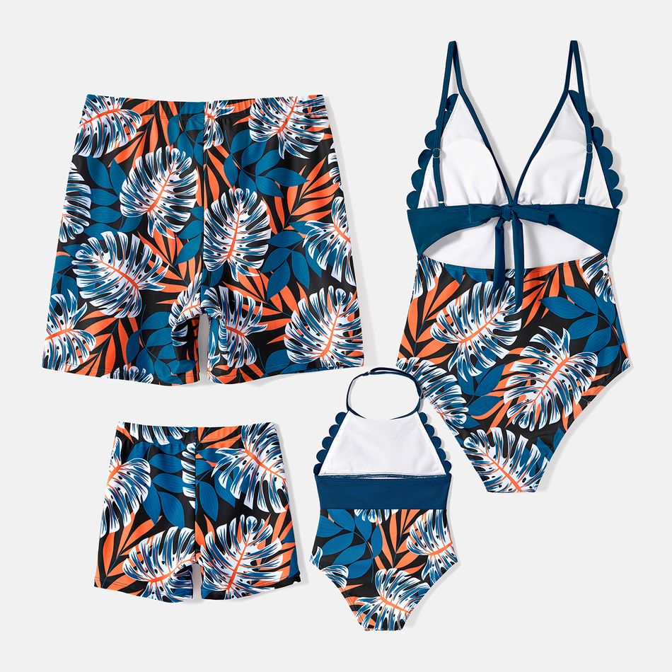 Family Matching Plant Print Scallop Edge Spliced One-piece Swimsuit and Swim Trunks Blue big image 2