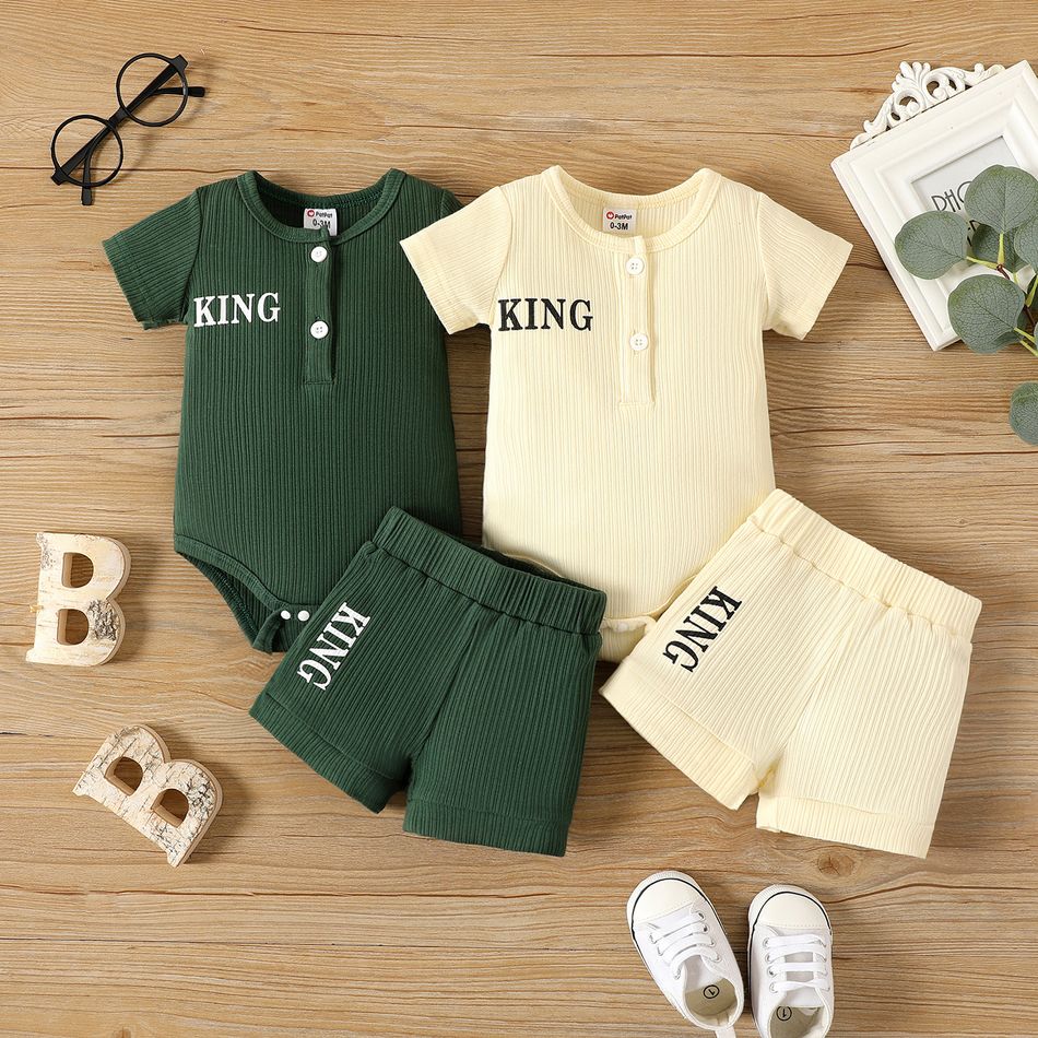 2pcs Baby Boy 95% Cotton Ribbed Letter Print Short-sleeve Romper & Shorts Set Green big image 2