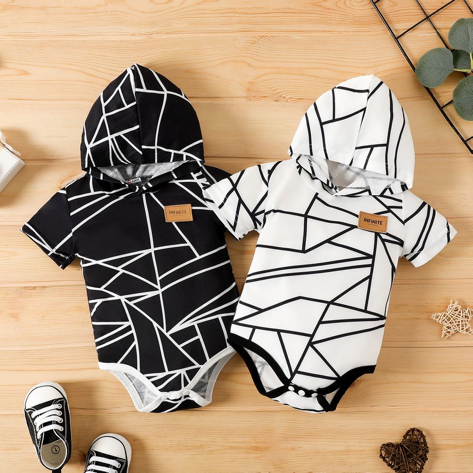 Baby Boy/Girl Badge Detail Allover Geo Print Hooded Short-sleeve Romper Black big image 2