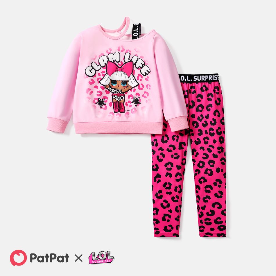 L.O.L. SURPRISE! 2pcs Kid Girl Character Letter Print Cut Out Long-sleeve Tee and Leopard Print Leggings Set Pink big image 1