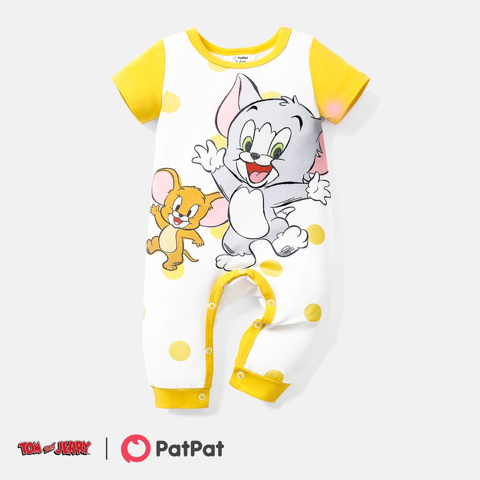Tom and Jerry Baby Boy Short-sleeve Graphic Print Polka Dots or Striped Naia Jumpsuit Yellow