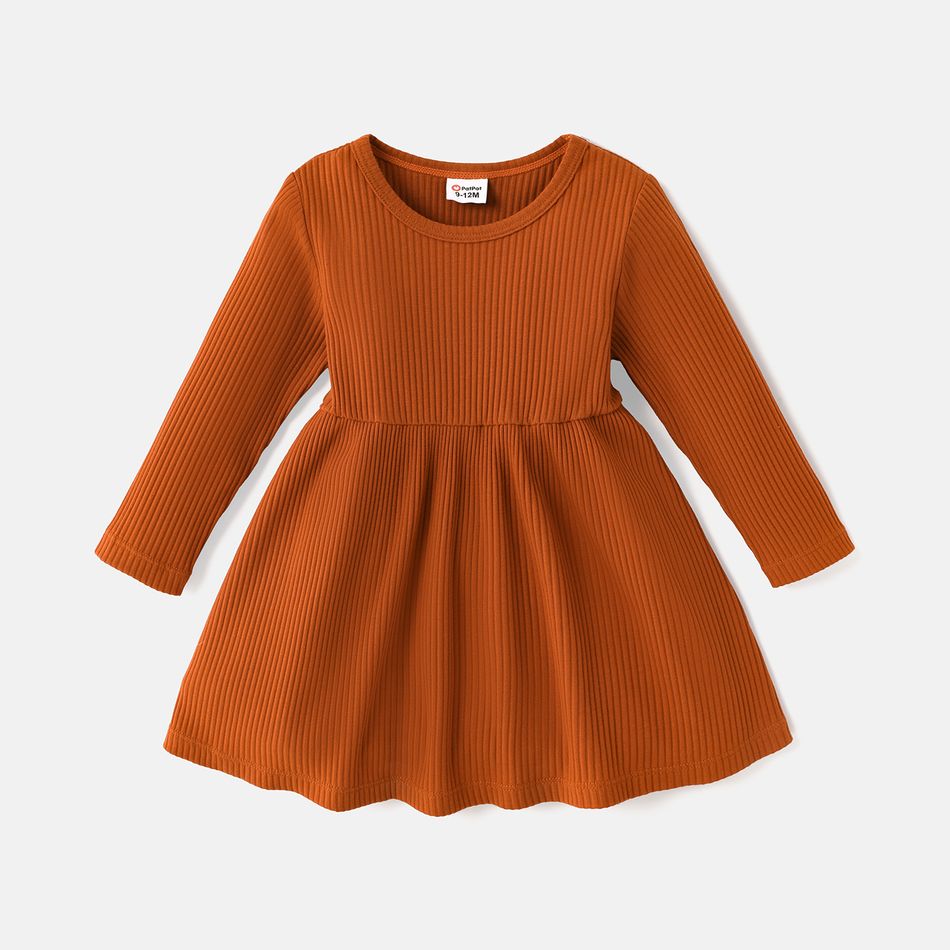 Baby Girl Solid or Striped/Butterfly Print Long-sleeve Naia™ Dress Brown big image 3