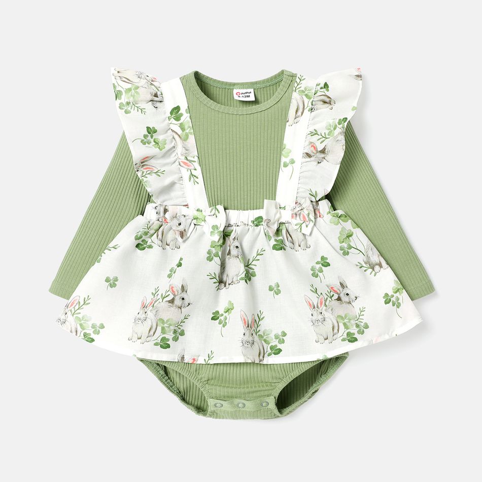 Easter Baby Girl Solid Cotton Ribbed Spliced Rabbit Print Ruffle Trim Long-sleeve Dress Green big image 4