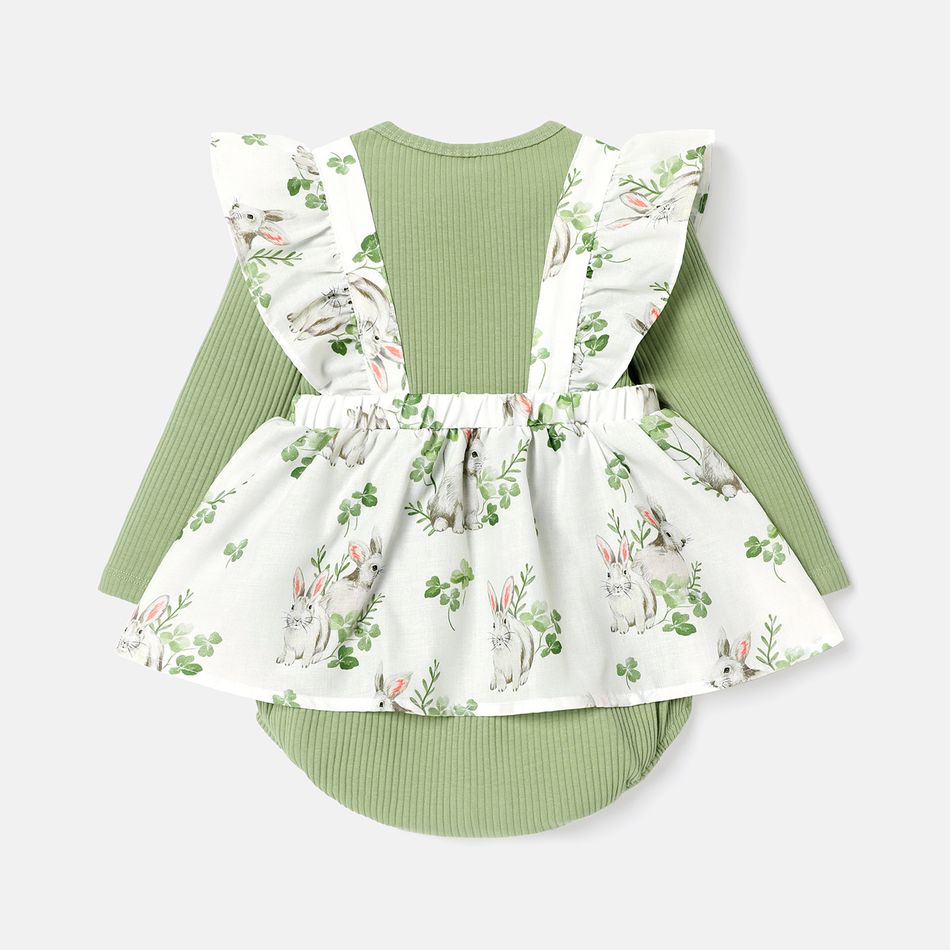 Easter Baby Girl Solid Cotton Ribbed Spliced Rabbit Print Ruffle Trim Long-sleeve Dress Green big image 5