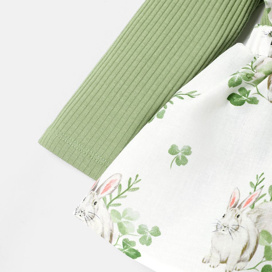 Easter Baby Girl Solid Cotton Ribbed Spliced Rabbit Print Ruffle Trim Long-sleeve Dress Green big image 7