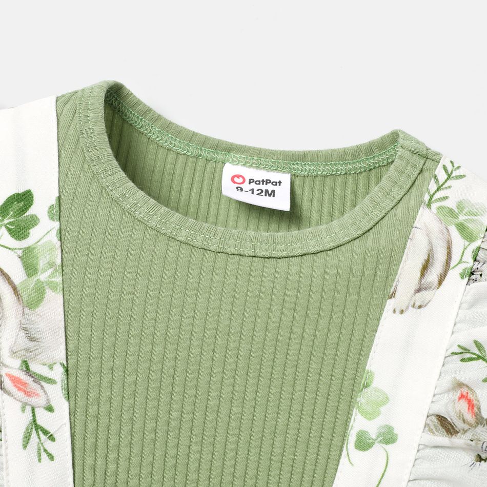Easter Baby Girl Solid Cotton Ribbed Spliced Rabbit Print Ruffle Trim Long-sleeve Dress Green big image 6