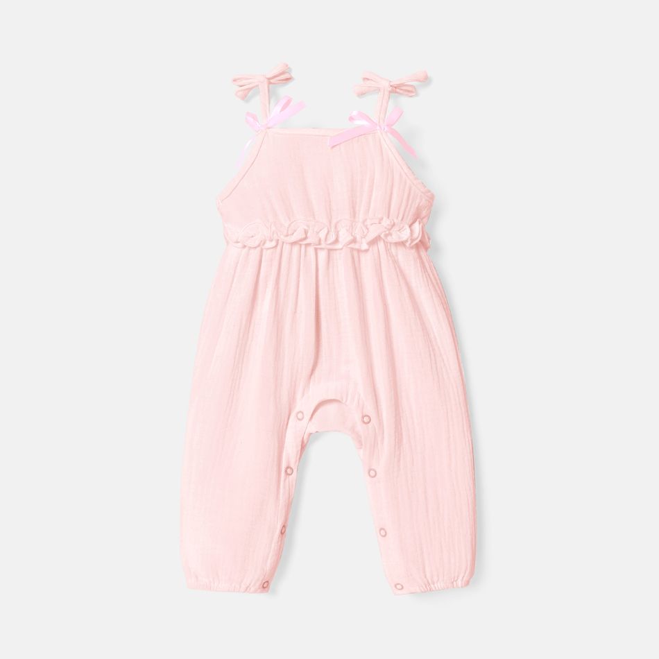 Baby Girl 100% Cotton Crepe Bow Decor Solid Cami Jumpsuit Light Pink big image 1