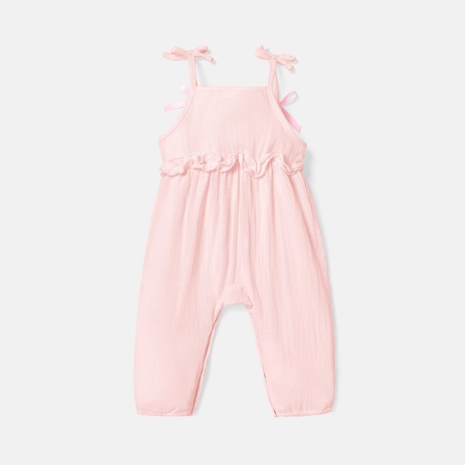 Baby Girl 100% Cotton Crepe Bow Decor Solid Cami Jumpsuit Light Pink big image 2