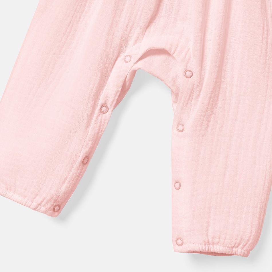 Baby Girl 100% Cotton Crepe Bow Decor Solid Cami Jumpsuit Light Pink big image 4