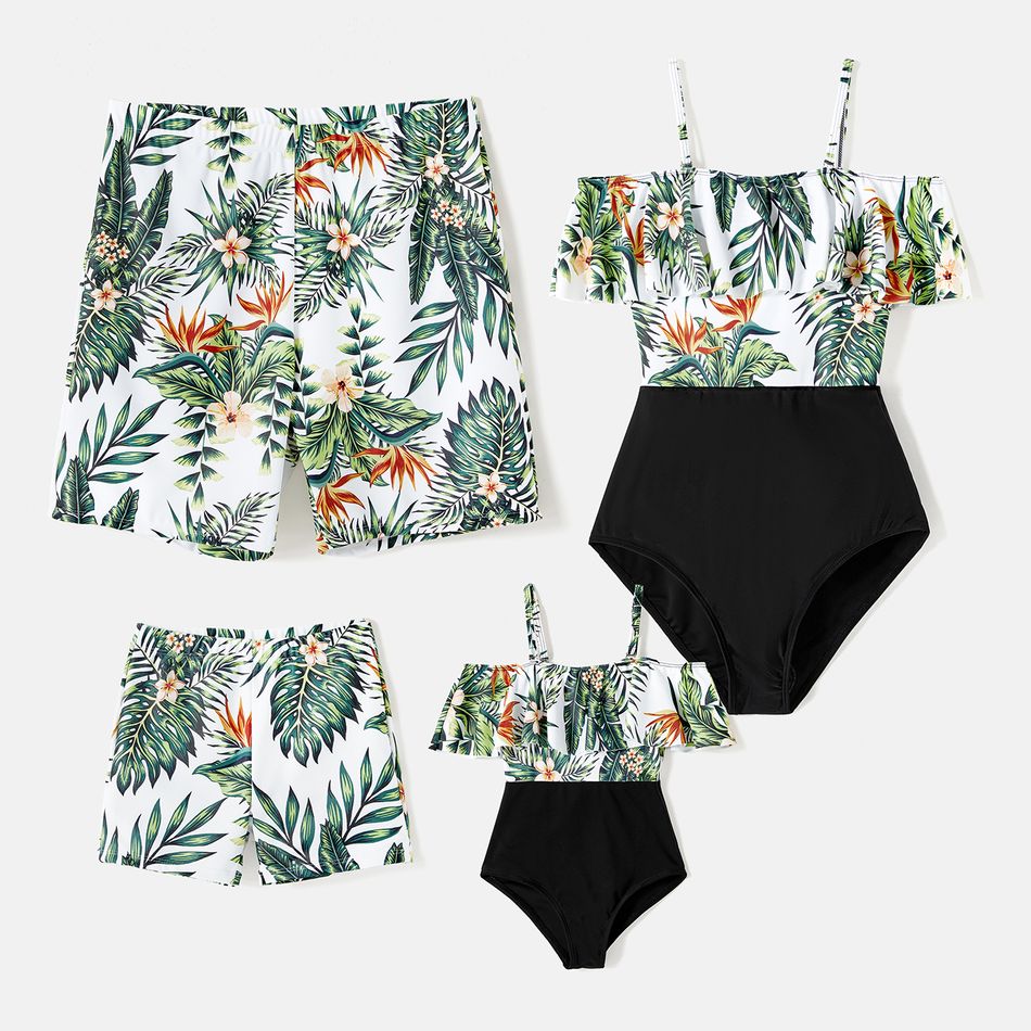 Family Matching Plant Print Ruffle Trim Spliced One-Piece Swimsuit and Swim Trunks ColorBlock big image 1