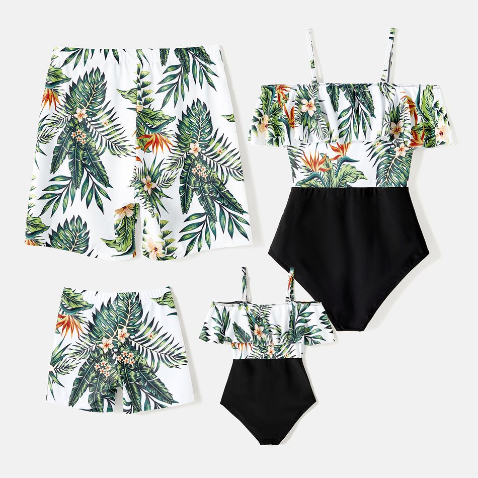 Family Matching Plant Print Ruffle Trim Spliced One-Piece Swimsuit and Swim Trunks ColorBlock big image 2