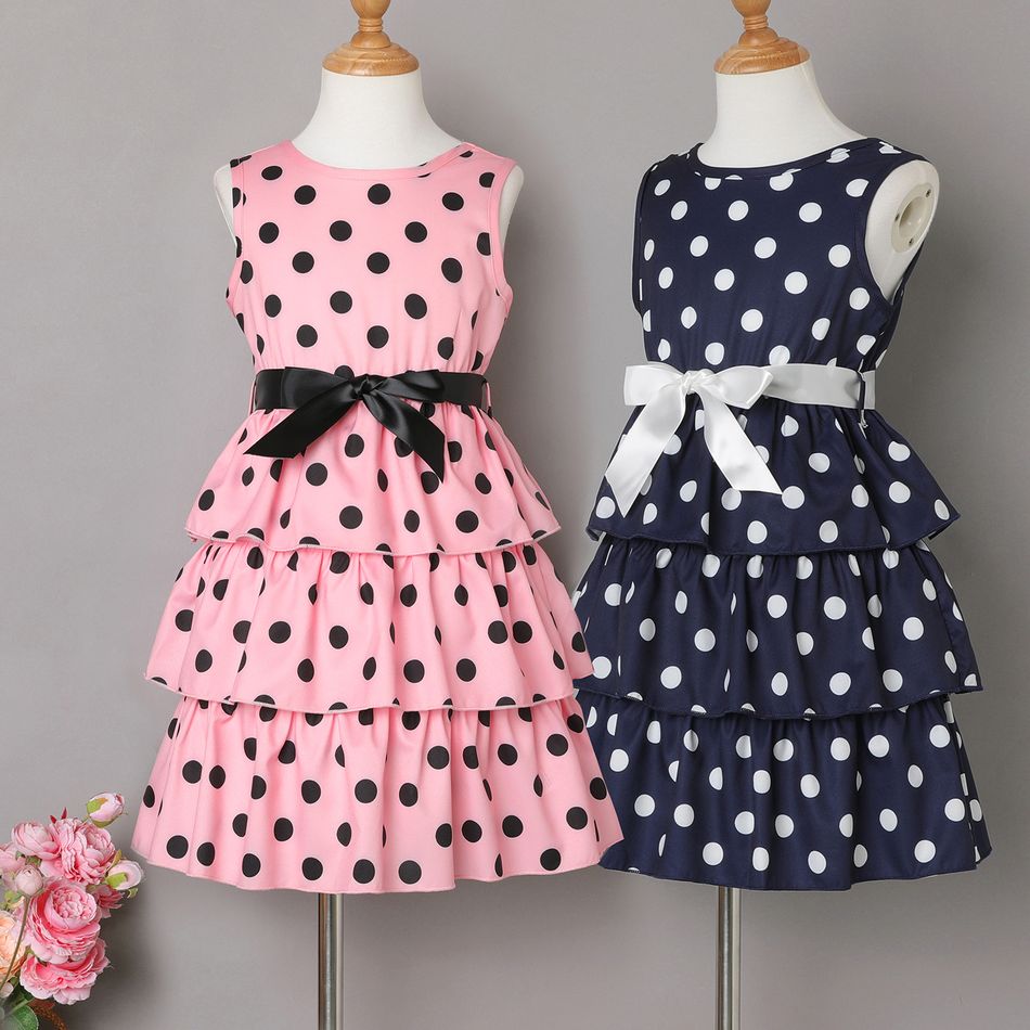 2pcs Kid Girl Polka dots Sleeveless Layered Dress & Belt Pink big image 2