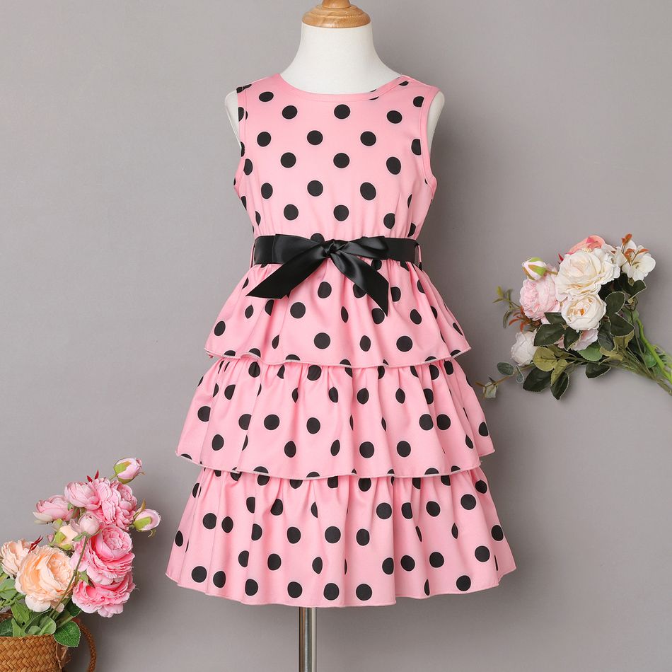 2pcs Kid Girl Polka dots Sleeveless Layered Dress & Belt Pink big image 1