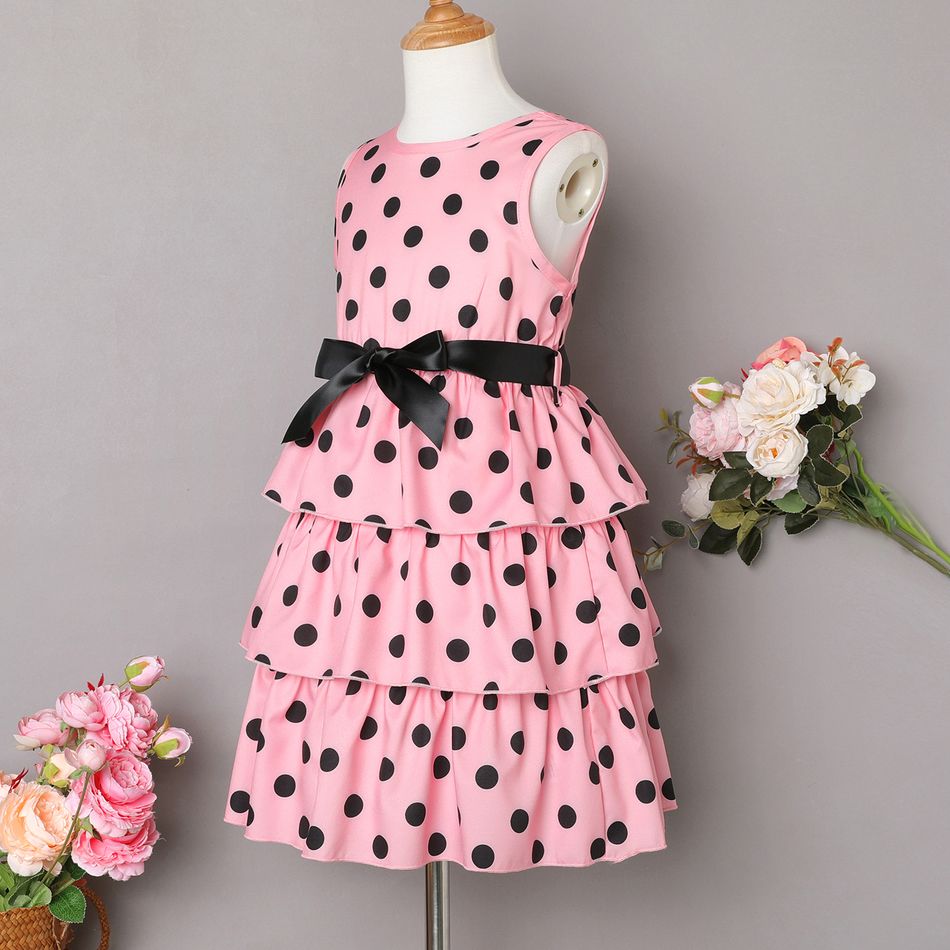 2pcs Kid Girl Polka dots Sleeveless Layered Dress & Belt Pink big image 3