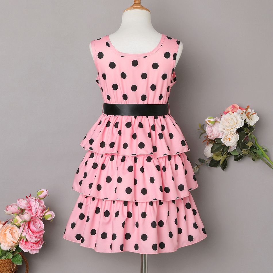 2pcs Kid Girl Polka dots Sleeveless Layered Dress & Belt Pink