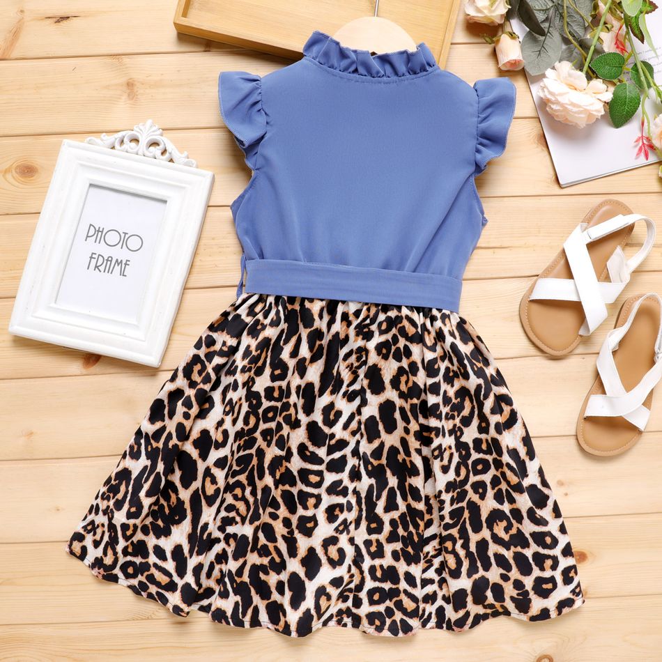 Kid Girl Leopard Panel Flutter-sleeve Belted Dress DENIMBLUE big image 2