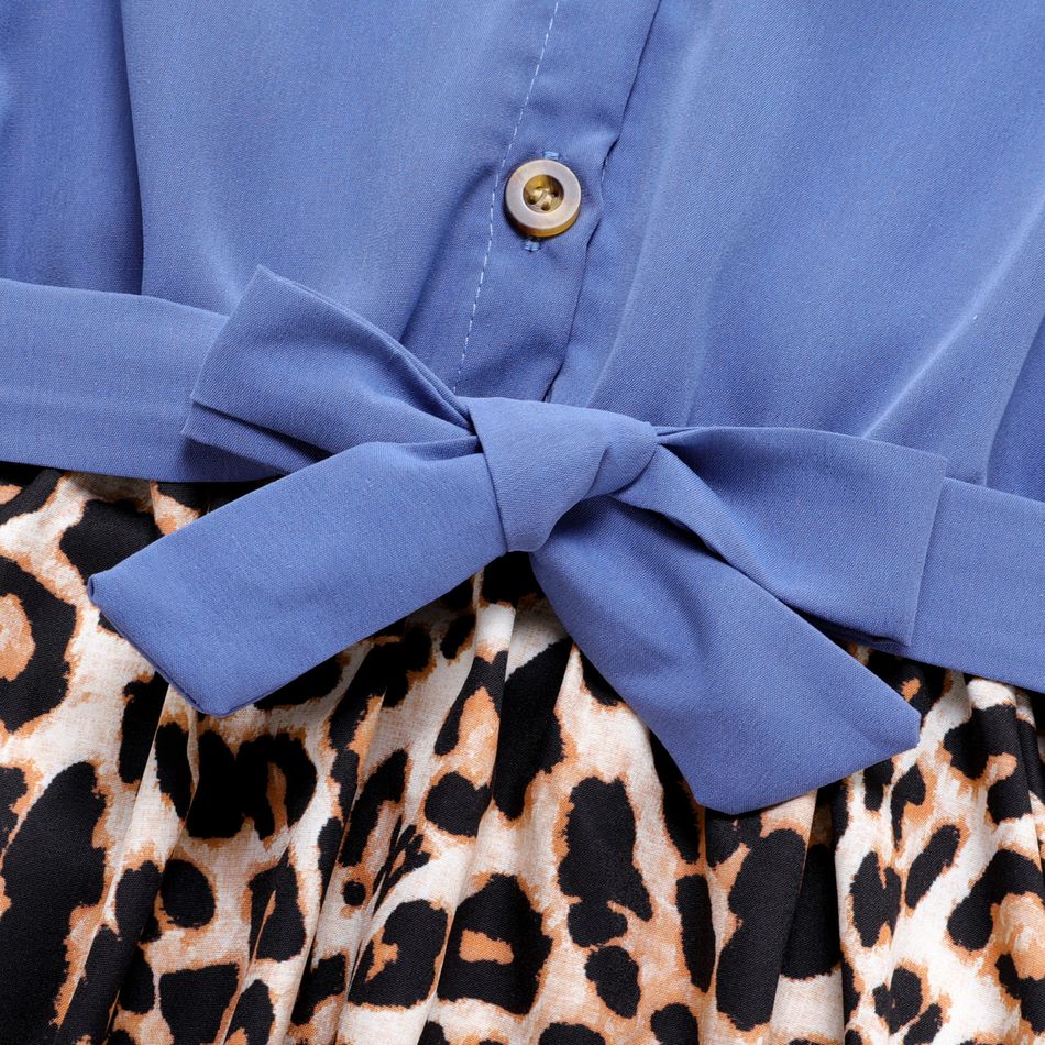 Kid Girl Leopard Panel Flutter-sleeve Belted Dress DENIMBLUE big image 4
