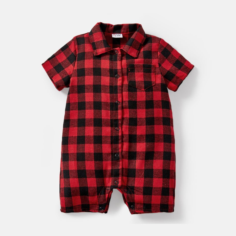 Baby Girl/Boy Cotton Plaid Lapel Collar Short-sleeve Jumpsuits redblack