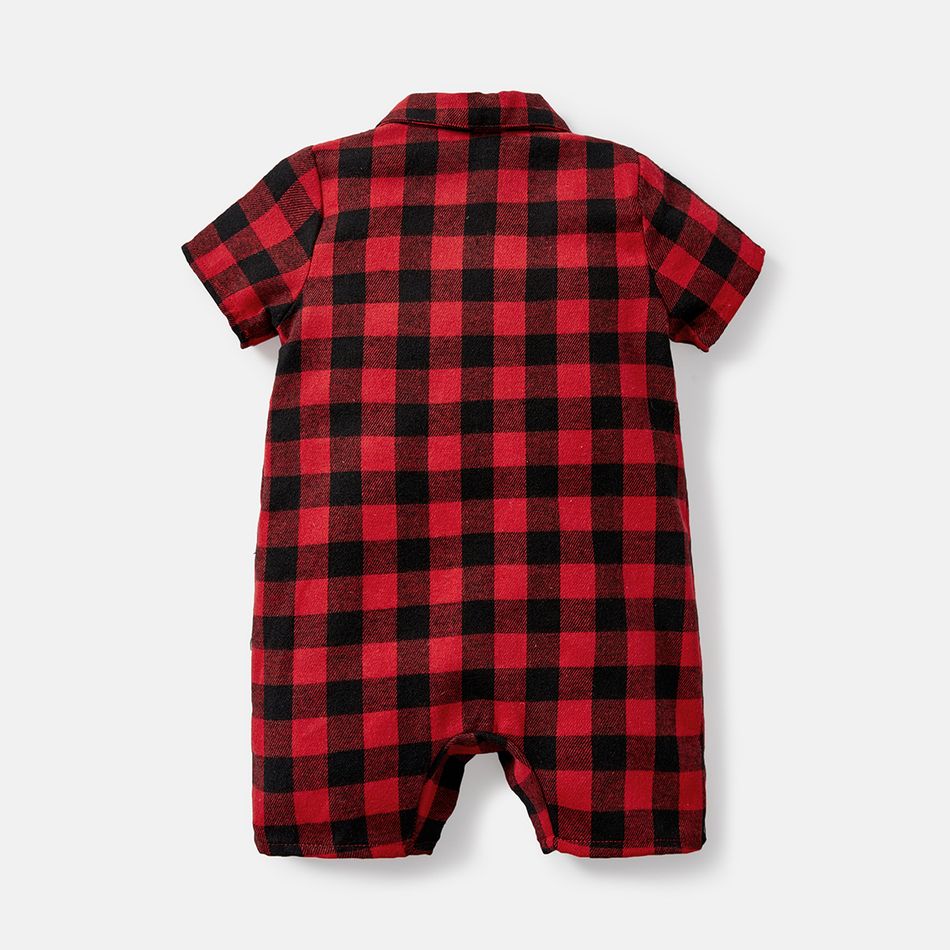 Baby Girl/Boy Cotton Plaid Lapel Collar Short-sleeve Jumpsuits redblack big image 3