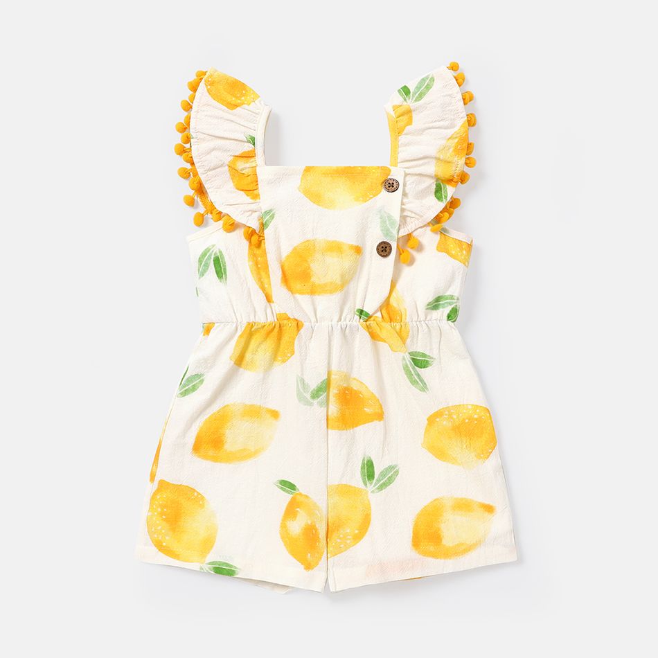 Toddler Girl 100% Cotton Fruit Print Pompom Design Flutter-sleeve Rompers Yellow big image 2