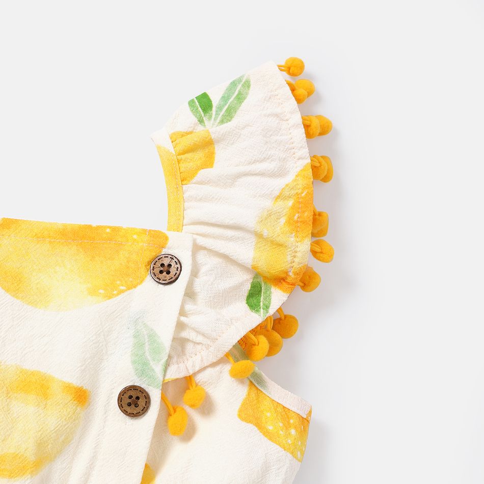 Toddler Girl 100% Cotton Fruit Print Pompom Design Flutter-sleeve Rompers Yellow big image 3