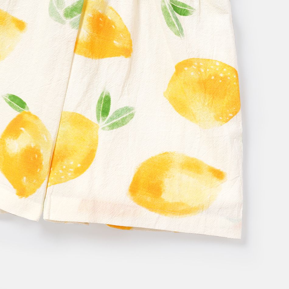 Toddler Girl 100% Cotton Fruit Print Pompom Design Flutter-sleeve Rompers Yellow big image 4