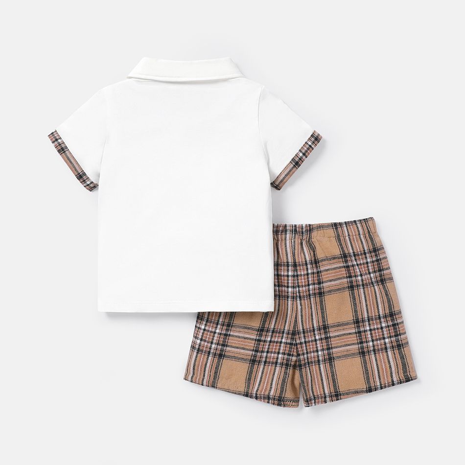 2pcs Baby Boy Cotton Short-sleeve Bear Embroidered Polo Shirt and Plaid Shorts Set White big image 2