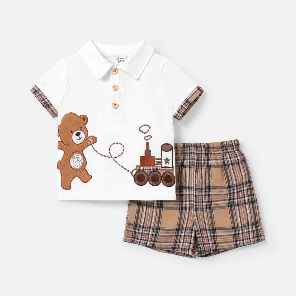 2pcs Baby Boy Cotton Short-sleeve Bear Embroidered Polo Shirt and Plaid Shorts Set White big image 1