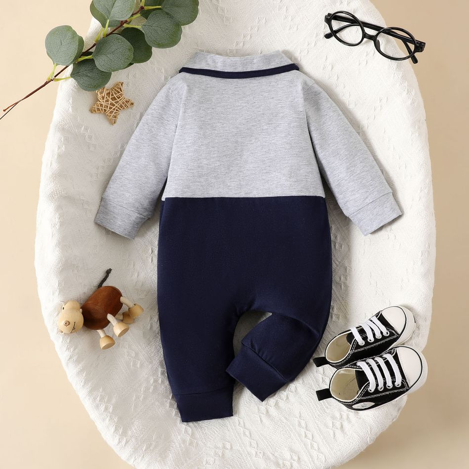 Baby Boy 95% Cotton Plaid Bow Tie Decor Long-sleeve Colorblock Jumpsuit Tibetanblue big image 2
