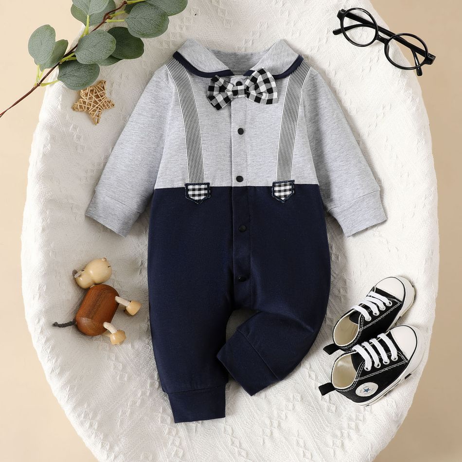 Baby Boy 95% Cotton Plaid Bow Tie Decor Long-sleeve Colorblock Jumpsuit Tibetanblue big image 1