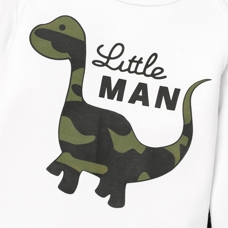 3pcs Baby Boy Cotton Long-sleeve Dinosaur & Letter Print Romper and Camouflage Pants with Hat Set White big image 4