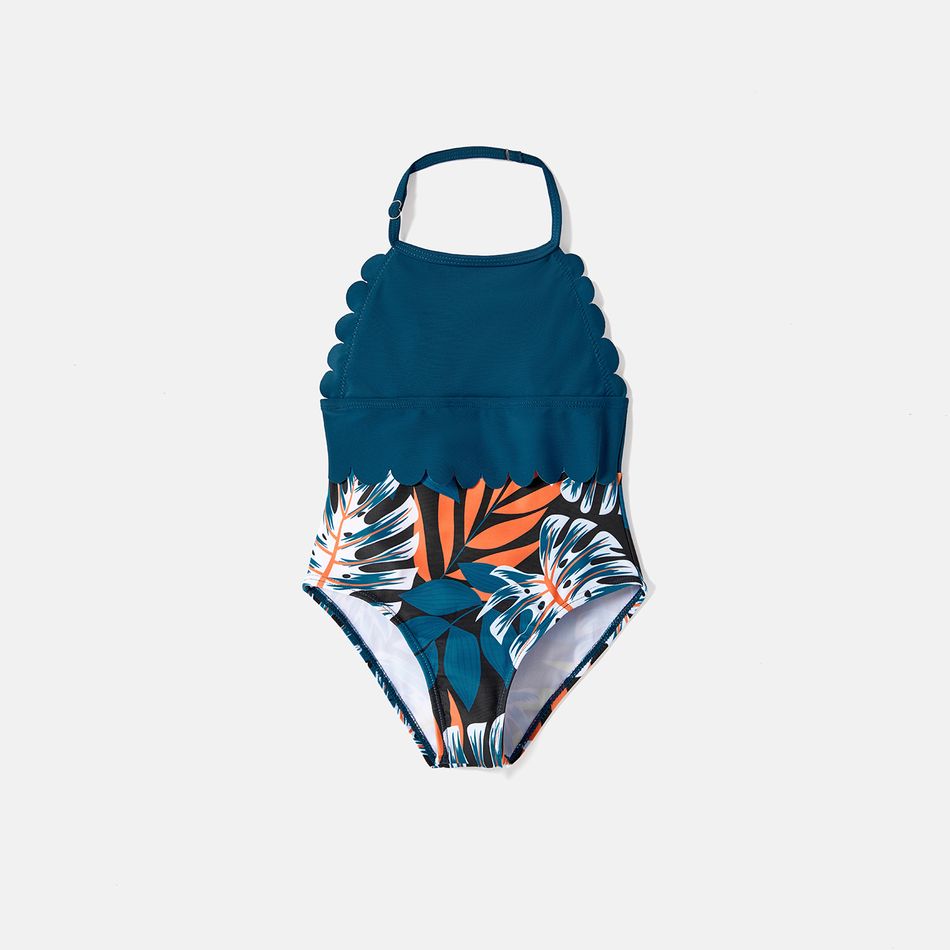 Family Matching Plant Print Scallop Edge Spliced One-piece Swimsuit and Swim Trunks Blue big image 12