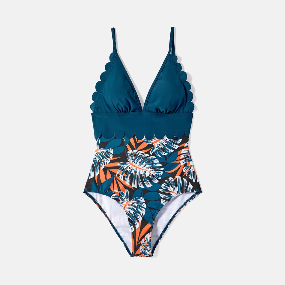 Family Matching Plant Print Scallop Edge Spliced One-piece Swimsuit and Swim Trunks Blue big image 3