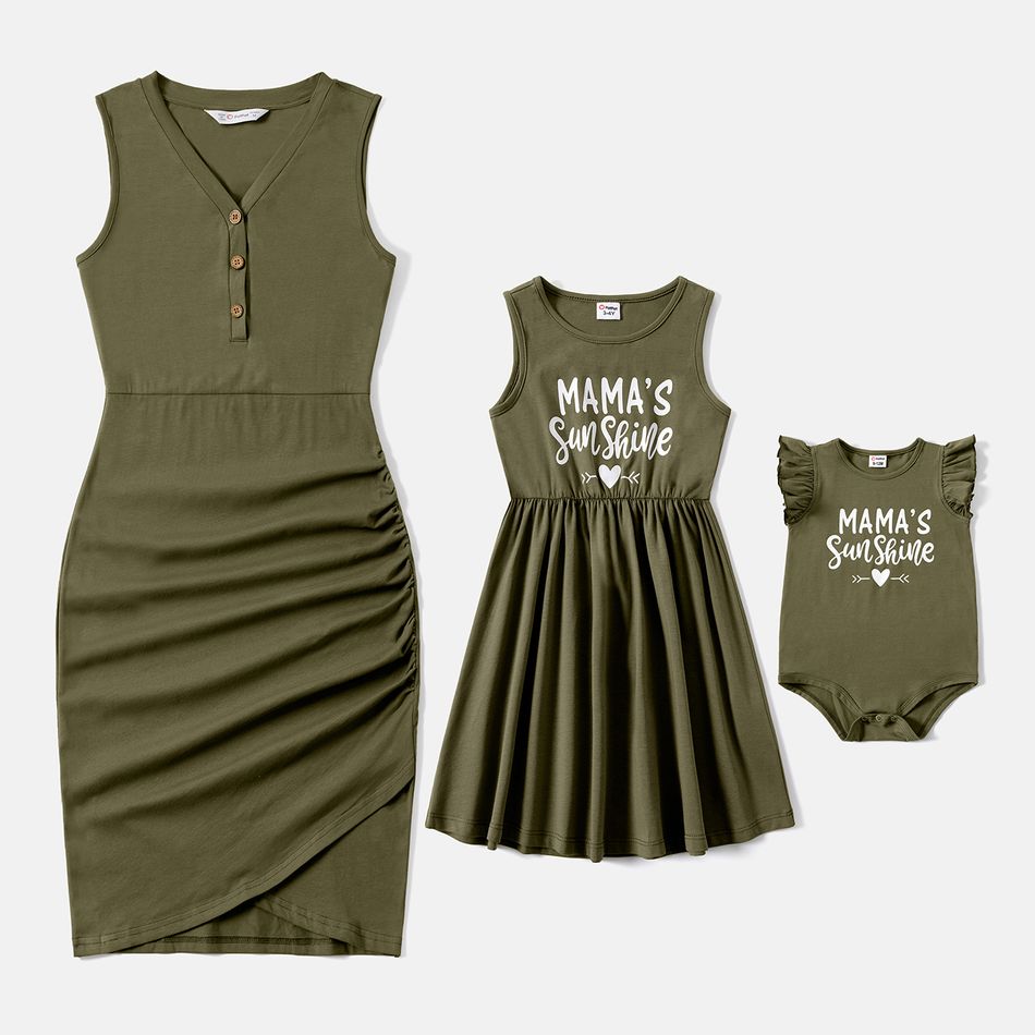 Mommy and Me 95% Cotton Sleeveless Dresses Army green big image 14