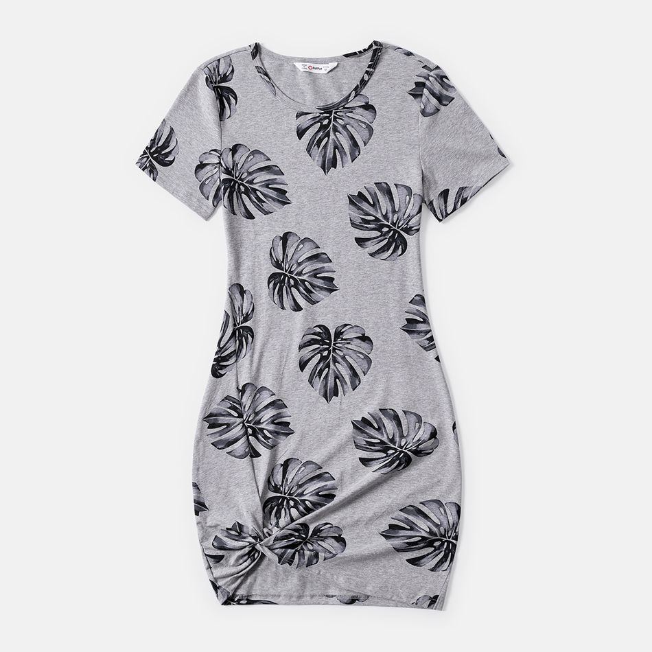 Mommy and Me 95% Cotton Short-sleeve Allover Palm Leaf Print Twist Knot Bodycon T-shirt Dresses SILVERGRAY big image 2