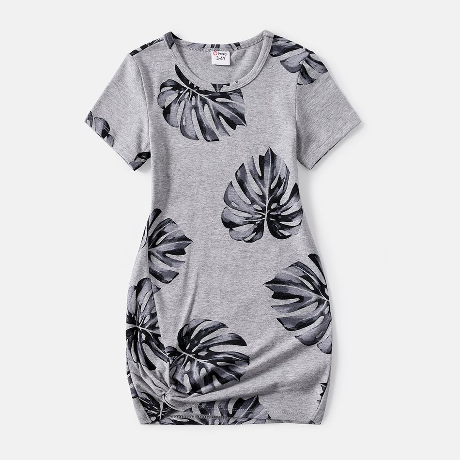 Mommy and Me 95% Cotton Short-sleeve Allover Palm Leaf Print Twist Knot Bodycon T-shirt Dresses SILVERGRAY big image 5