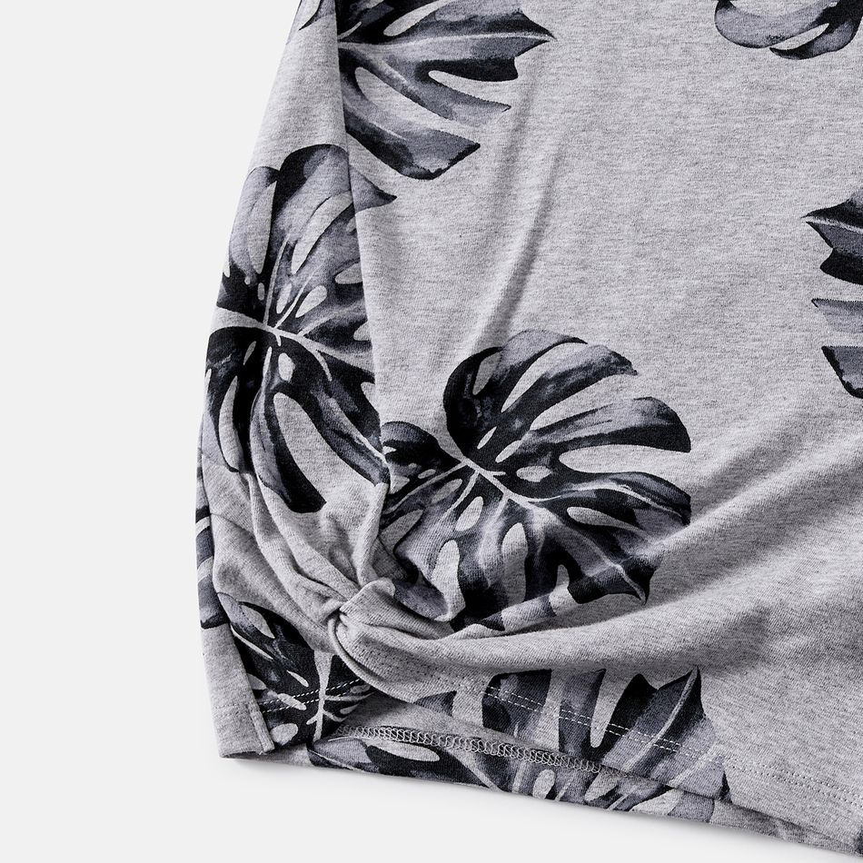 Mommy and Me 95% Cotton Short-sleeve Allover Palm Leaf Print Twist Knot Bodycon T-shirt Dresses SILVERGRAY big image 8