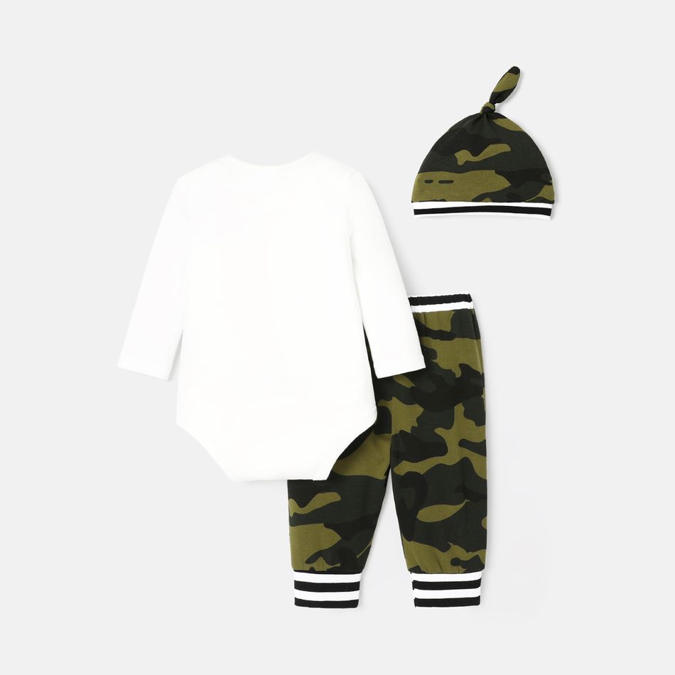 3pcs Baby Boy Cotton Long-sleeve Dinosaur & Letter Print Romper and Camouflage Pants with Hat Set White big image 2