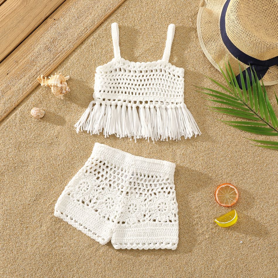 2pcs Baby Girl Hollow Out Crochet Fringed Cami Top & Shorts Set White big image 2
