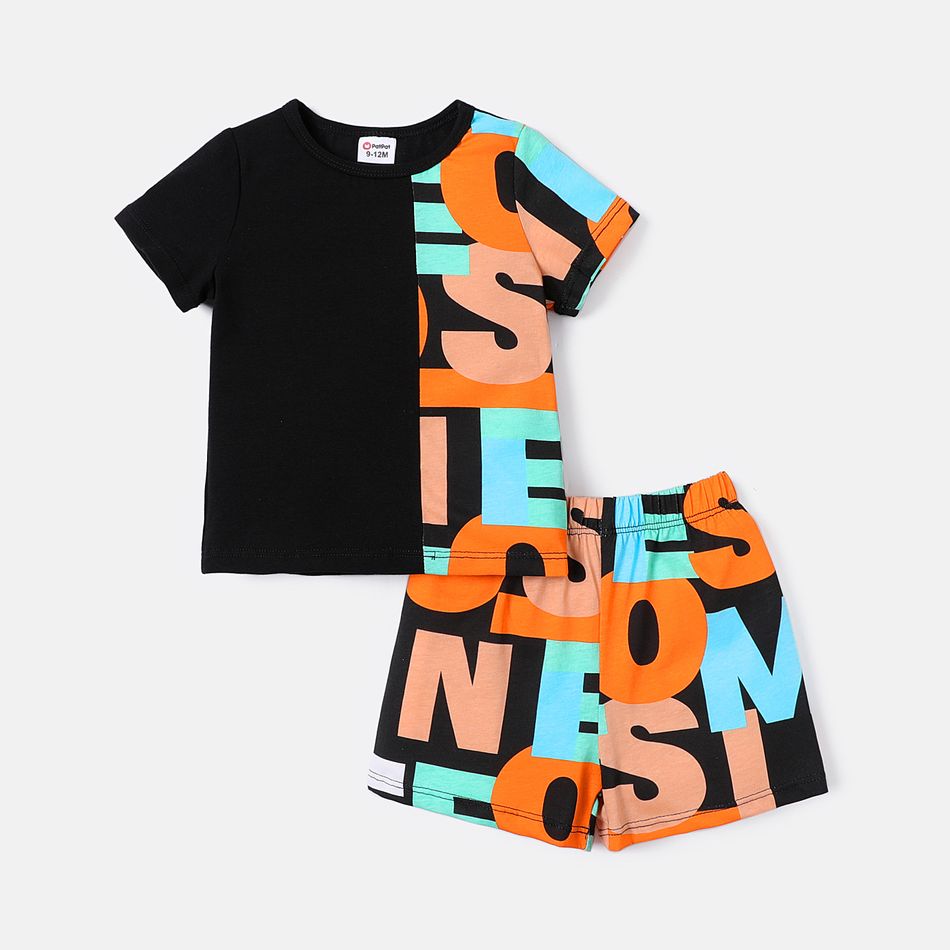 2pcs Baby Boy 100% Cotton Short-sleeve Letter Print Tee and Shorts Set Black big image 1